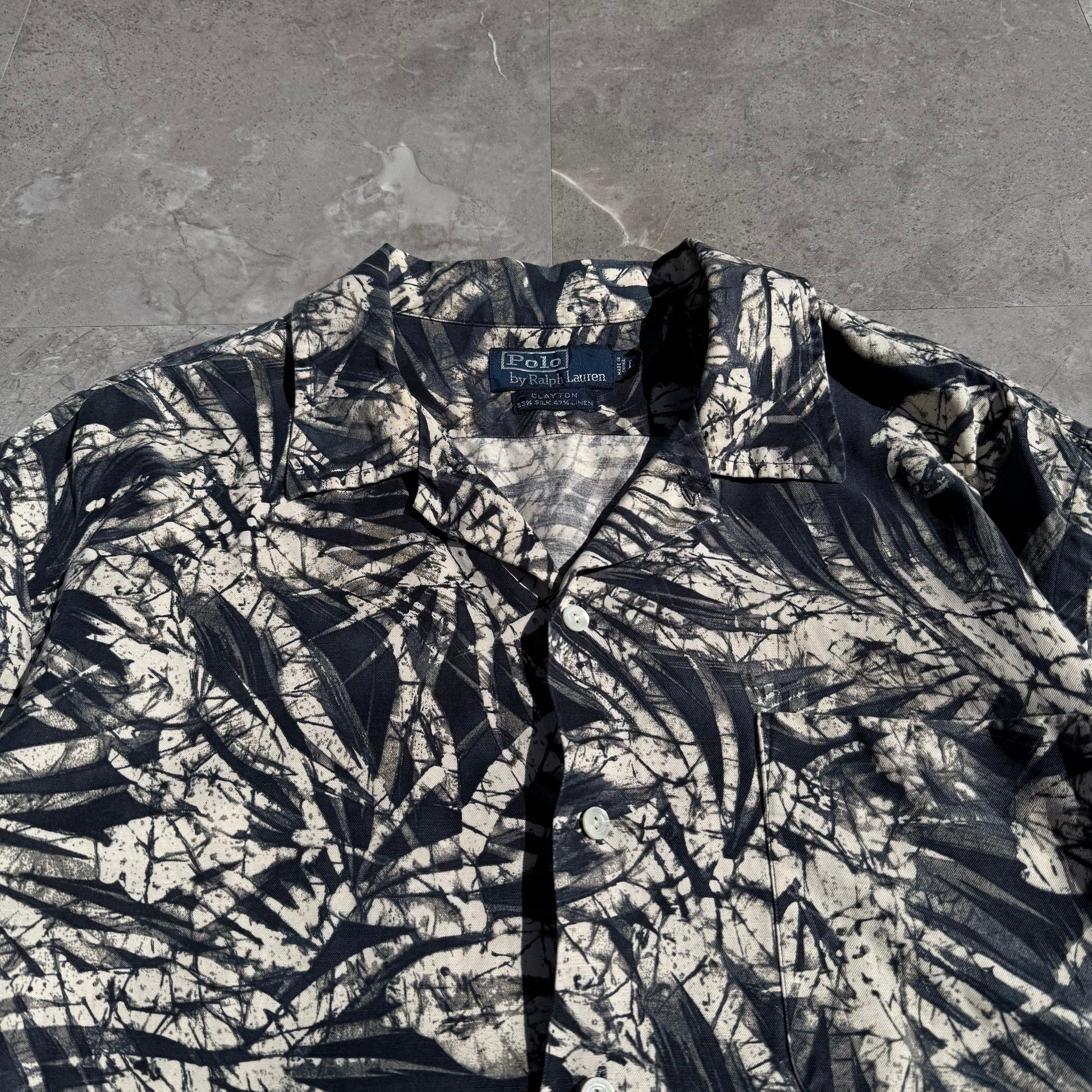 90s-00s Ralph Lauren Clayton Black Silk x Linen Open Collar Shirt KiiChain Clothing