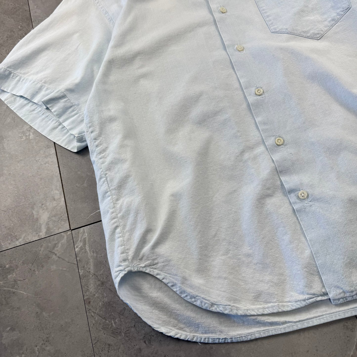80s Ralph Lauren Faded Light Blue Sleeve Logo Open Collar Shirt Size 4