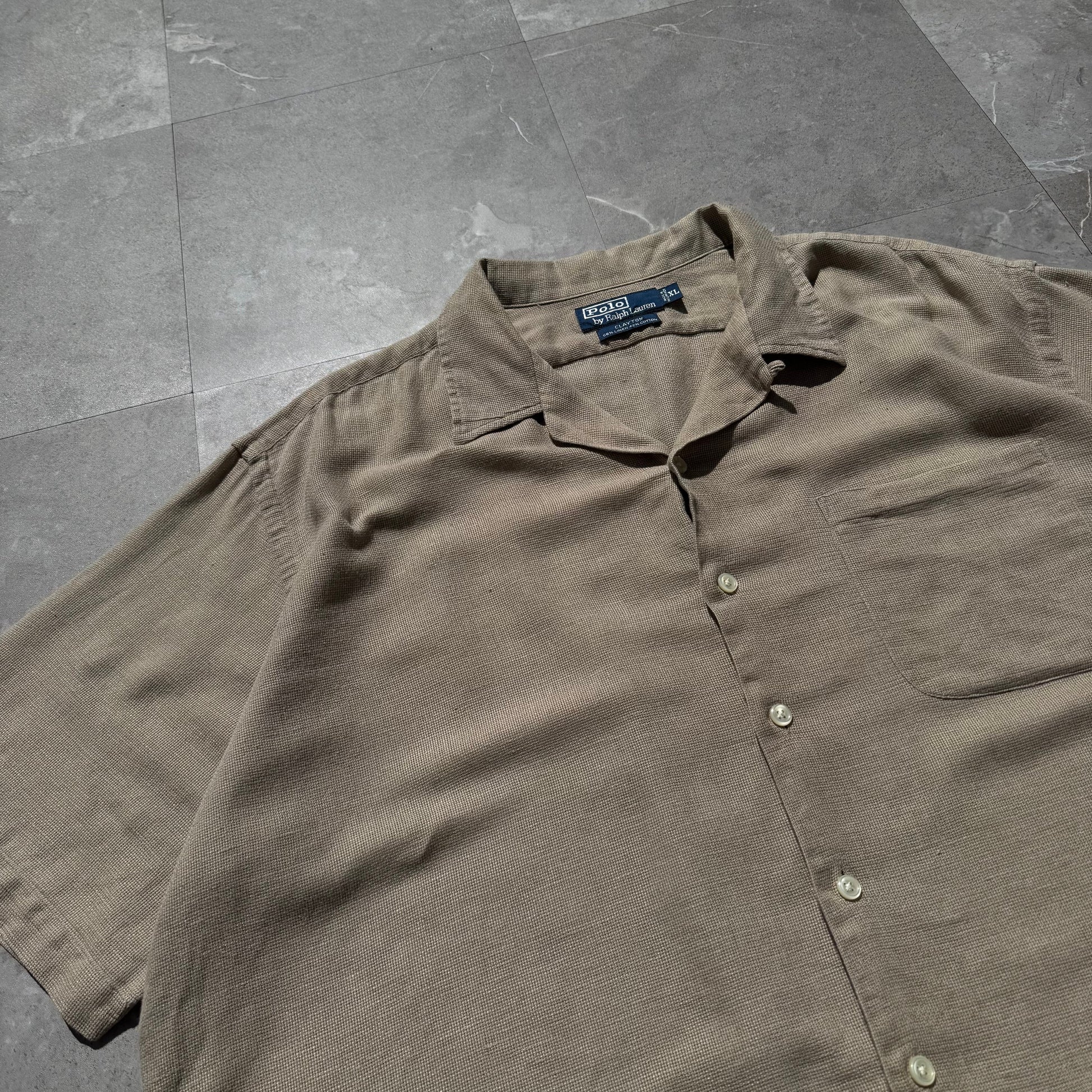 90s-00s Ralph Lauren “Clayton” Linen x Cotton No-Pony Beige Open Collar Shirt KiiChain Clothing
