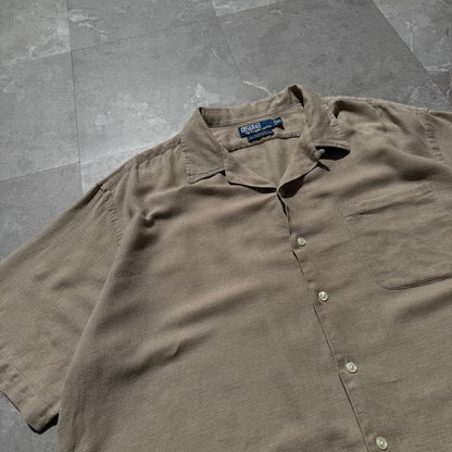 90s-00s Ralph Lauren “Clayton” Linen x Cotton No-Pony Beige Open Collar Shirt KiiChain Clothing