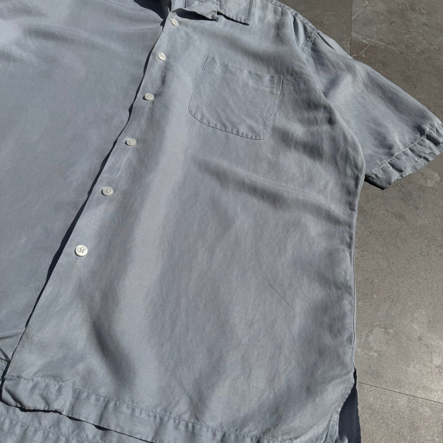 90s-00s Ralph Lauren “Caldwell” Light Blue/Gray Silk x Linen Open Collar Shirt KiiChain Clothing