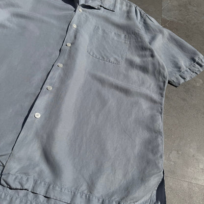 90s-00s Ralph Lauren “Caldwell” Light Blue/Gray Silk x Linen Open Collar Shirt KiiChain Clothing