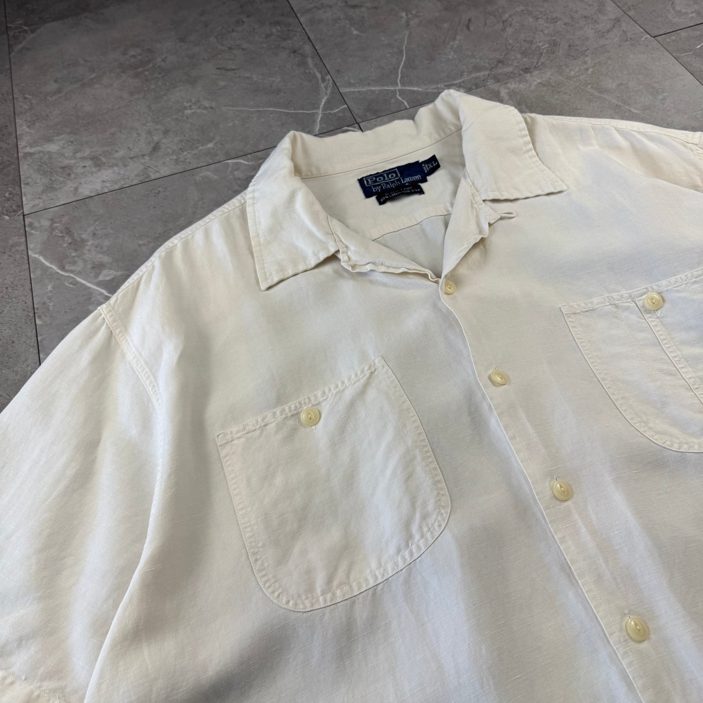 00s Polo by Ralph Lauren “Beach Camp” No-Pony Linen x Silk White Open Collar Shirt XL