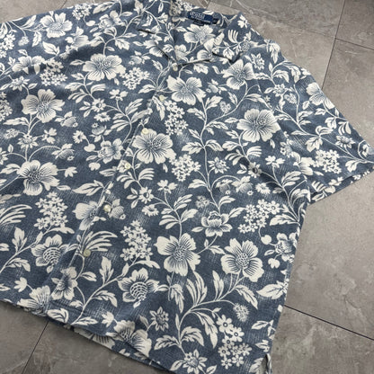 90s Polo by Ralph Lauren Navy Cotton Knit Floral Open Collar Shirt
