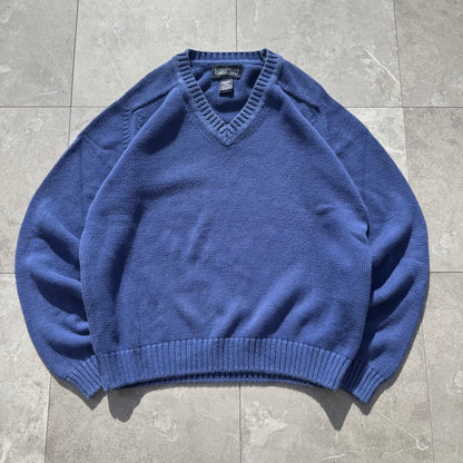 90s Lands' End Women’s “Drifter Sweater” Made in USA Blue V-Neck Knit