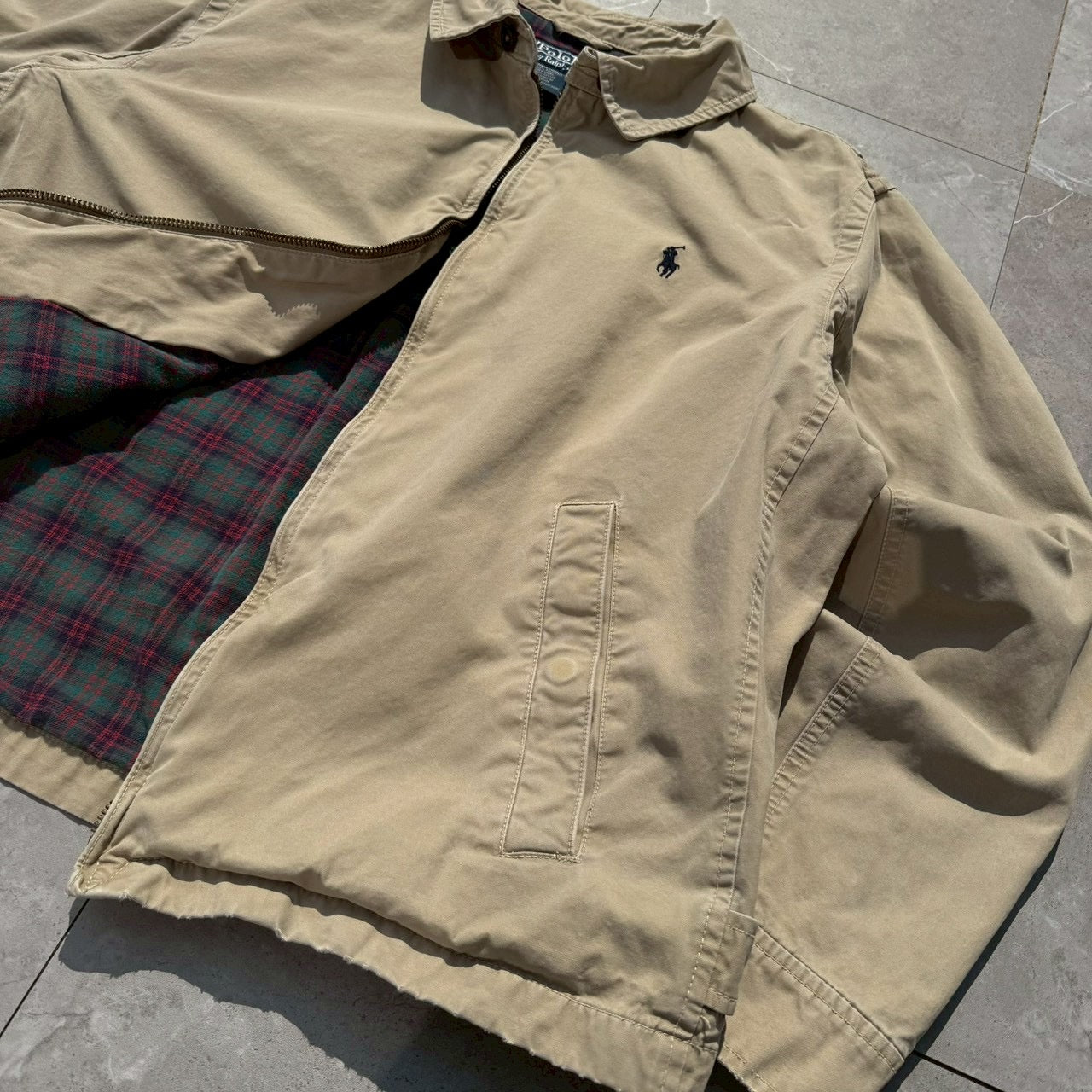 90s-00s Ralph Lauren Beige Flannel Lined Action Pleats Swing Top Jacket