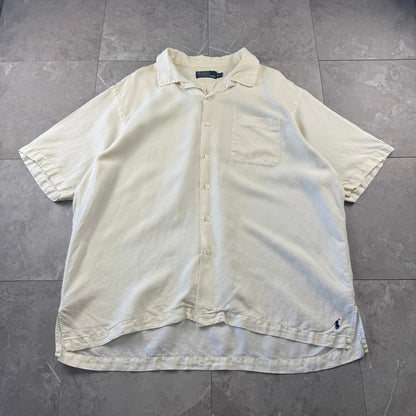 90s Polo by Ralph Lauren White Linen x Silk Open Collar Shirt XL