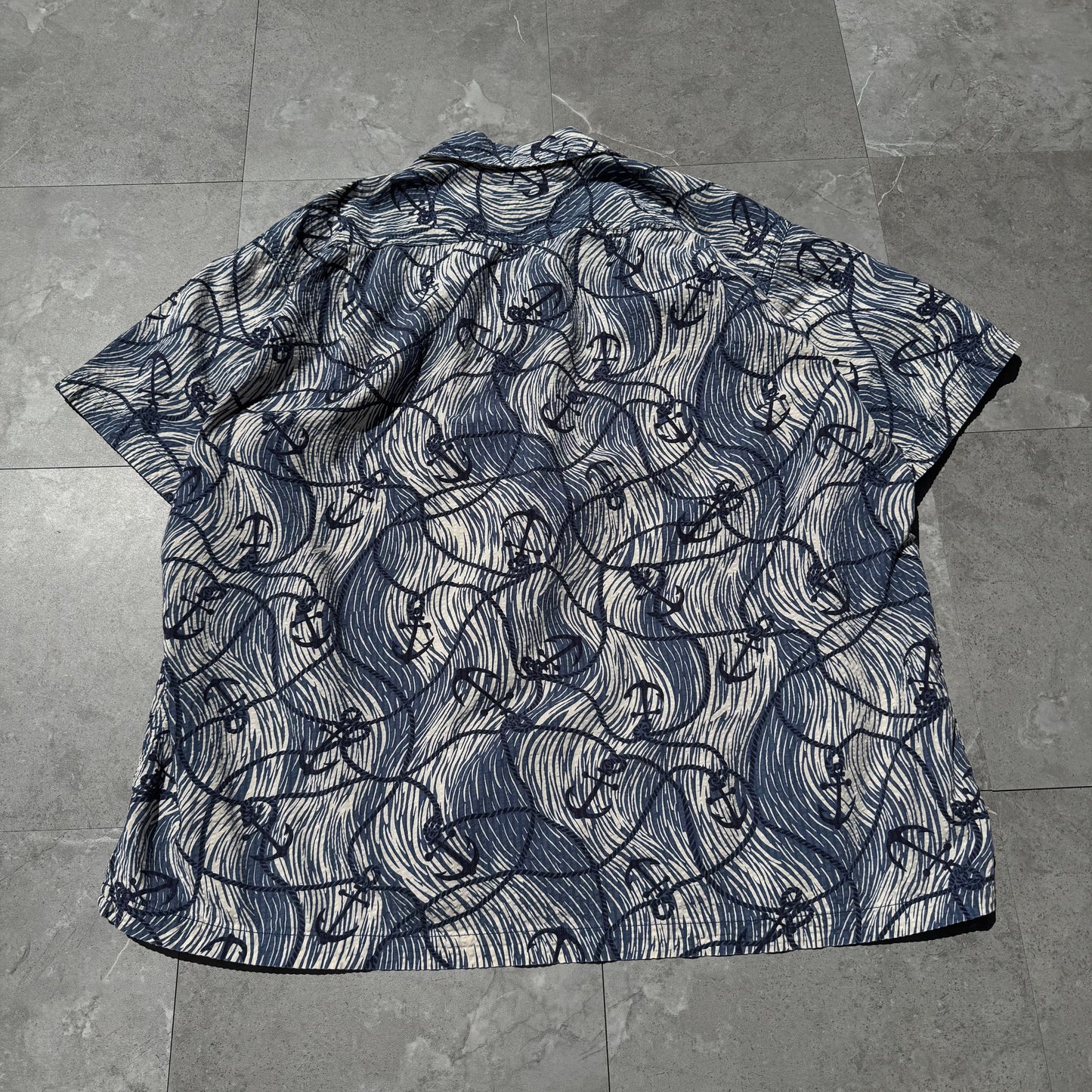 90s-00s Polo Sport Blue Anchor Graphic Seersucker Cotton Open Collar Shirt KiiChain Clothing