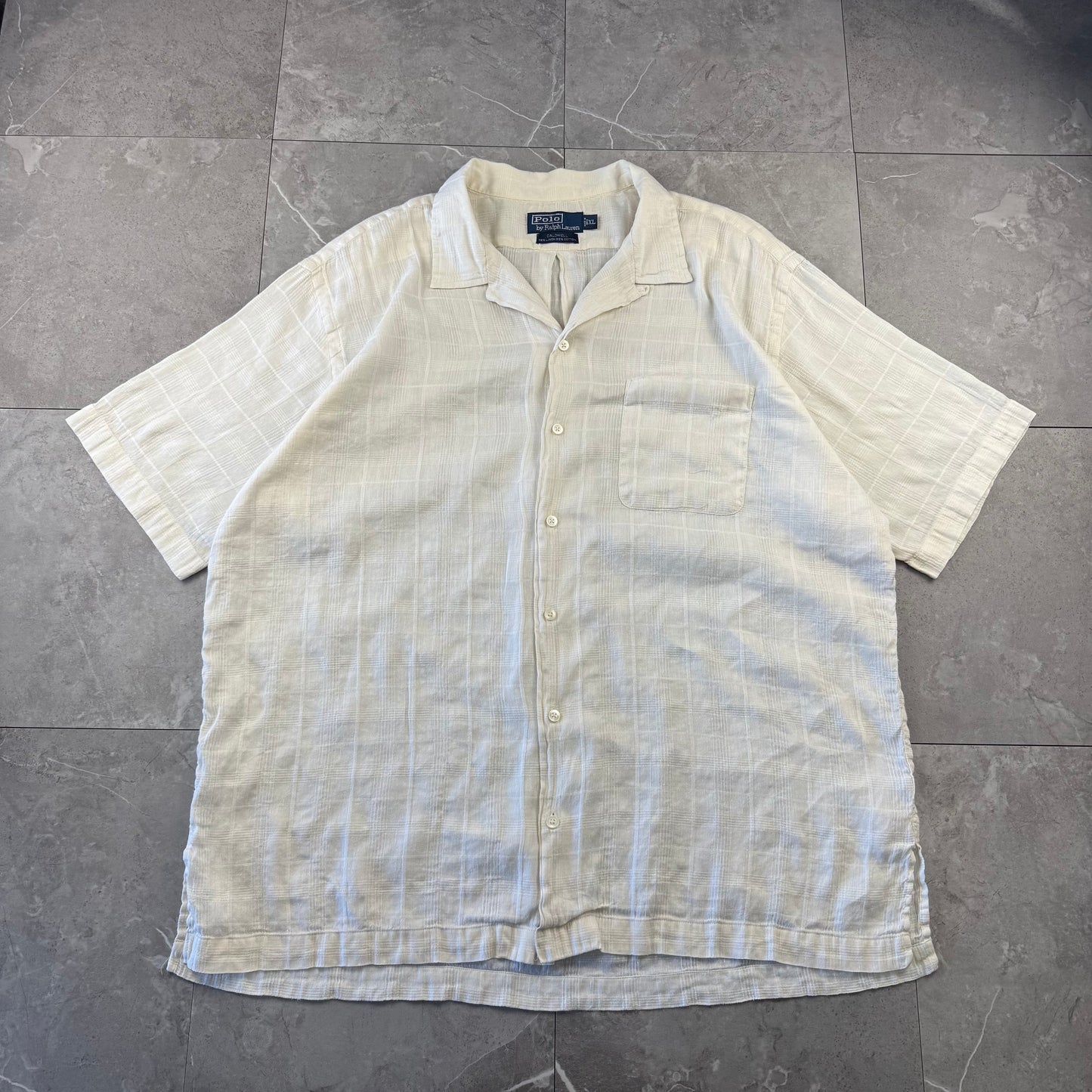 00s Polo by Ralph Lauren Caldwell No-Pony White Checkered Linen x Cotton Open Collar Shirt XL