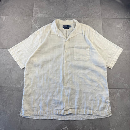 00s Polo by Ralph Lauren Caldwell No-Pony White Checkered Linen x Cotton Open Collar Shirt XL