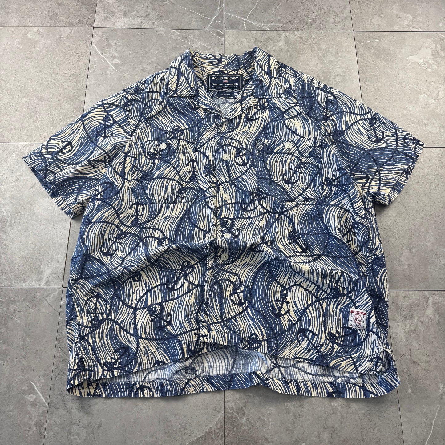 00s Ralph Lauren Polo Sport Blue Anchor Seersucker Open Collar Shirt L