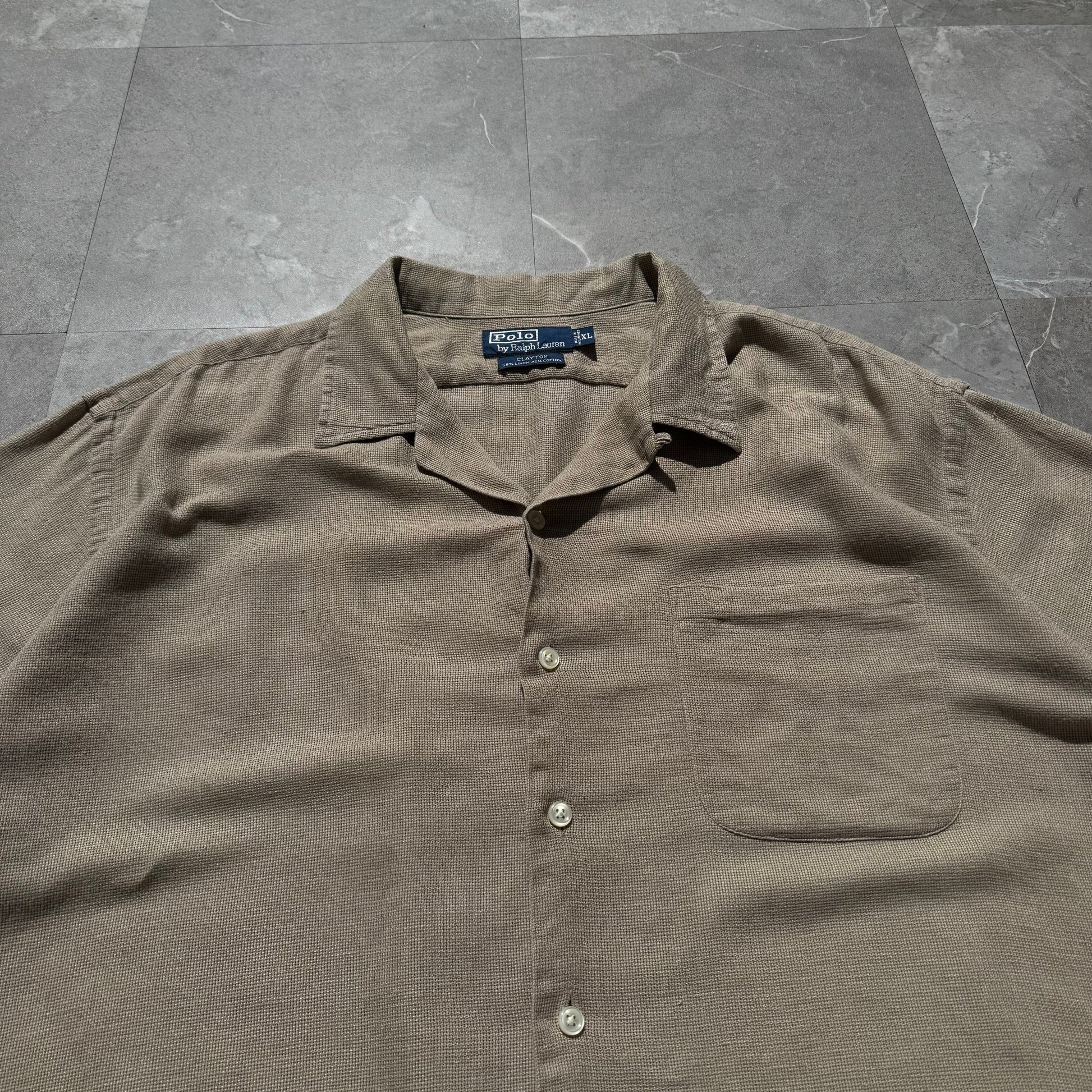 90s-00s Ralph Lauren “Clayton” Linen x Cotton No-Pony Beige Open Collar Shirt KiiChain Clothing
