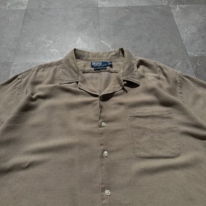 90s-00s Ralph Lauren “Clayton” Linen x Cotton No-Pony Beige Open Collar Shirt KiiChain Clothing