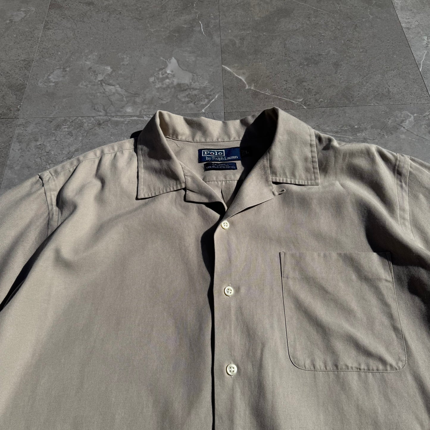 90s-00s Ralph Lauren “Caldwell” No-Pony Beige Silk x Cotton Open Collar Shirt KiiChain Clothing