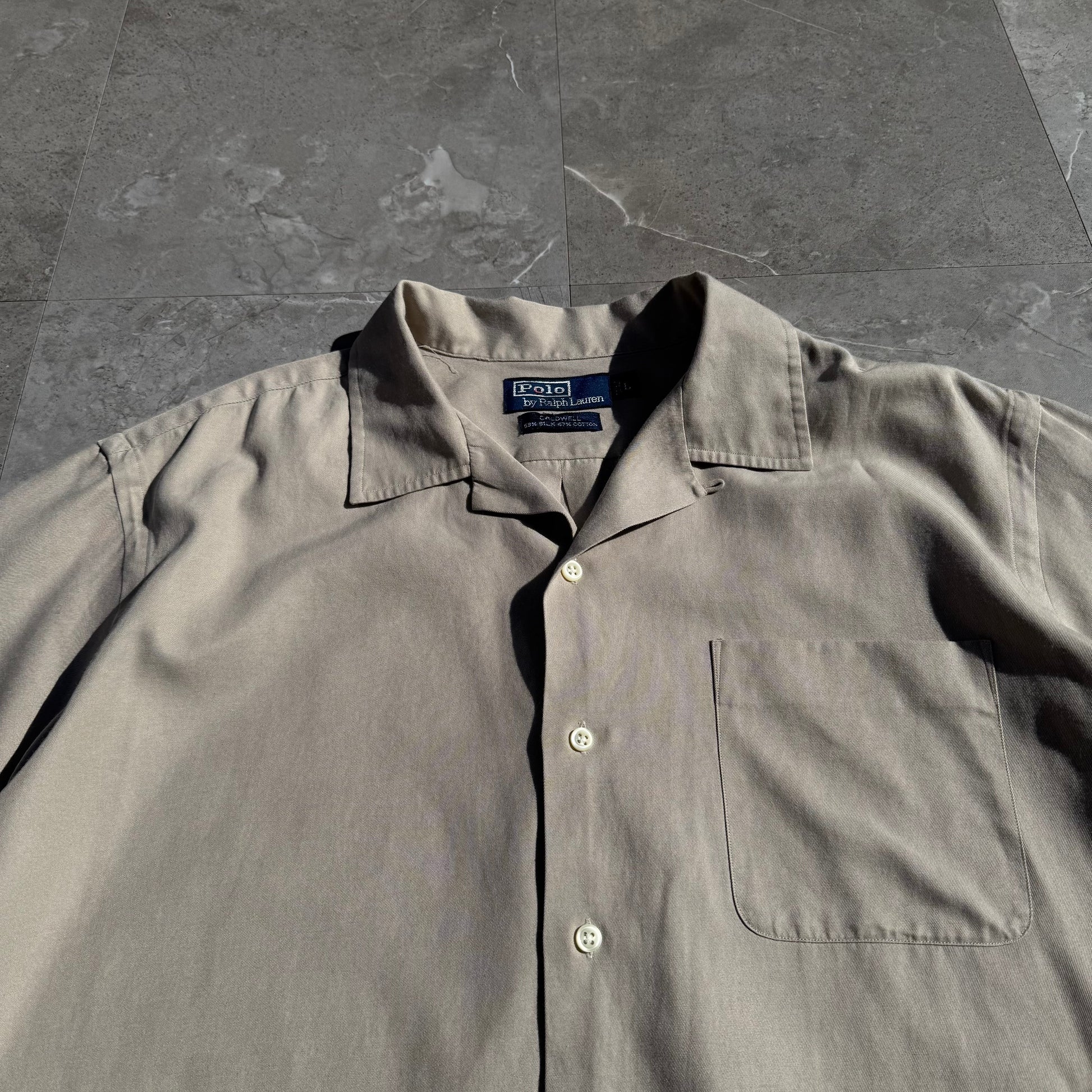 90s-00s Ralph Lauren “Caldwell” No-Pony Beige Silk x Cotton Open Collar Shirt KiiChain Clothing