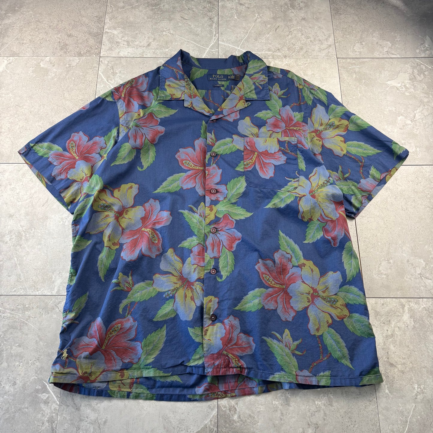 00s~ Polo Ralph Lauren Navy Hibiscus Open Collar Shirt XXL