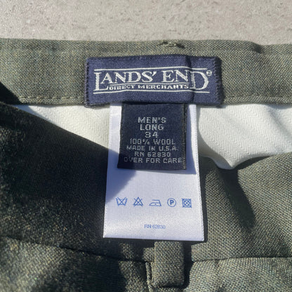 90s Lands' End Olive Green Two-Tuck Pleated Wool Slacks Size 34