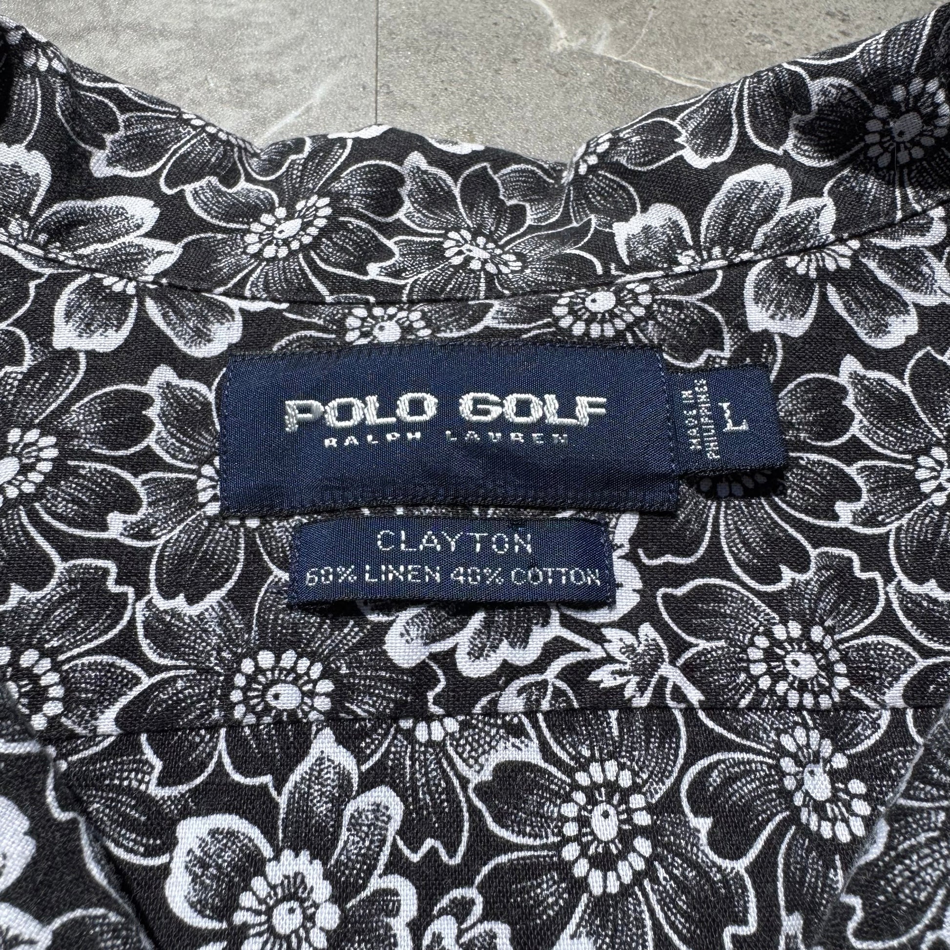 90s-00s Ralph Lauren Polo Golf Clayton Black Floral Linen x Cotton Open Collar Shirt KiiChain Clothing