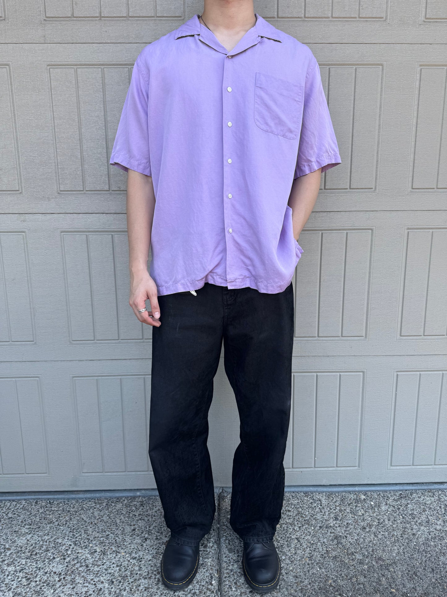 00s Polo by Ralph Lauren Caldwell Purple Silk x Linen Open Collar Shirt L