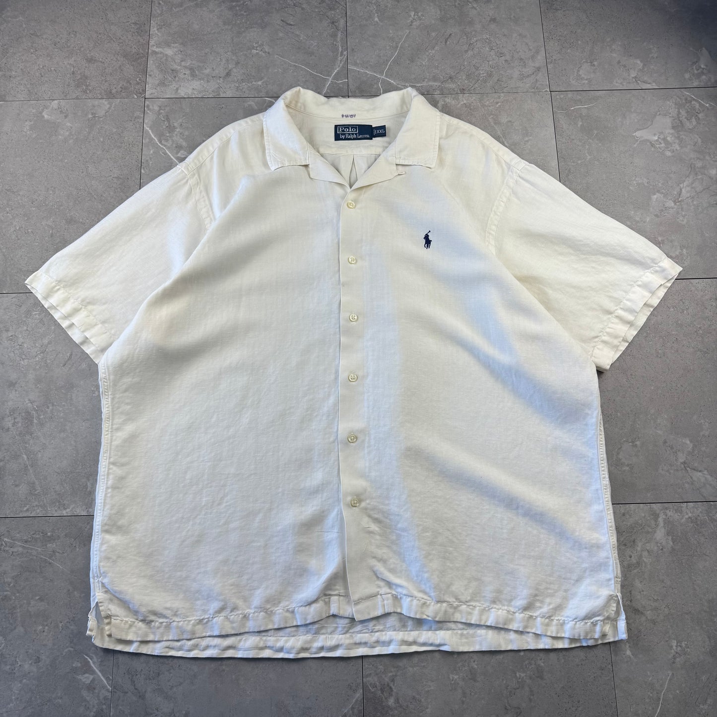 00s Polo by Ralph Lauren White Herringbone Linen x Silk Open Collar Shirt XXL