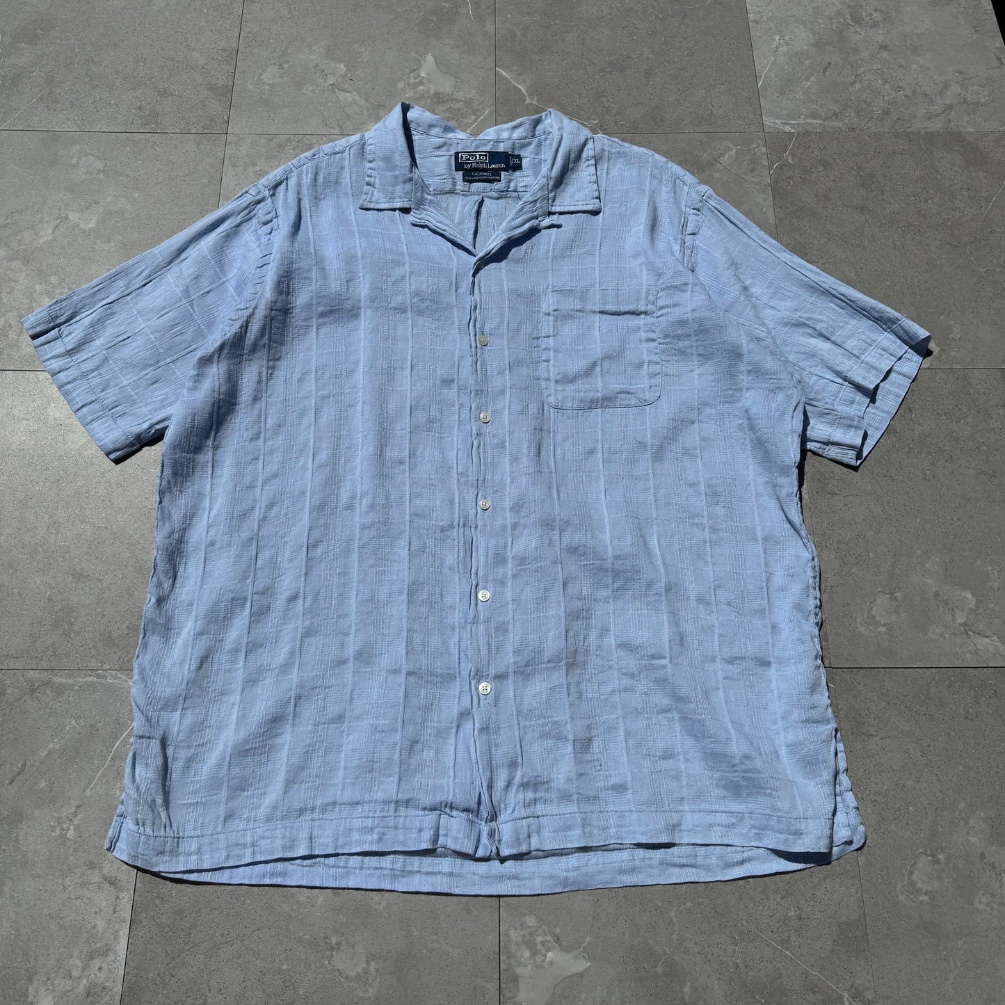 90s-00s Ralph Lauren Caldwell Linen x Cotton Light Blue Checkered Open Collar Shirt KiiChain Clothing