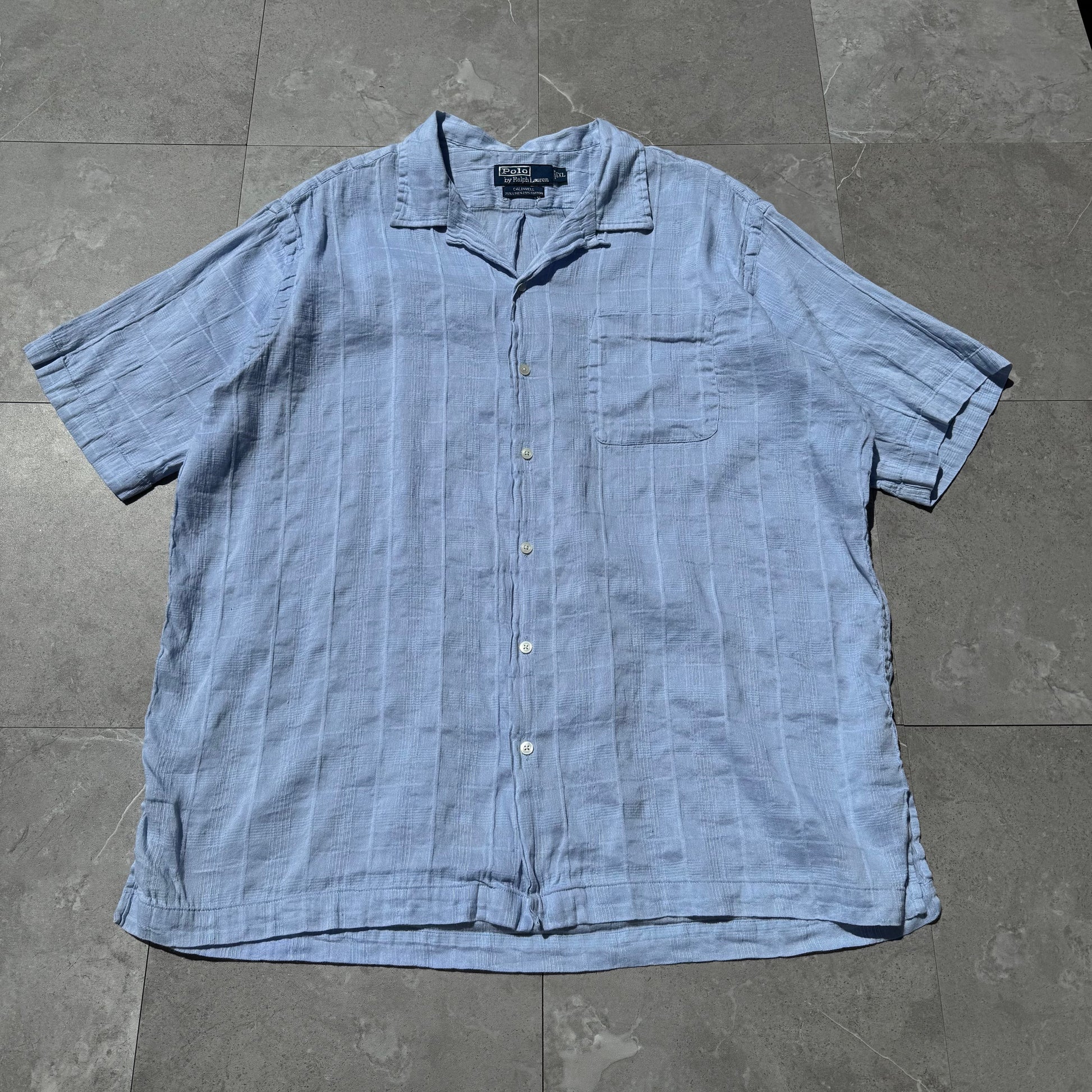 90s-00s Ralph Lauren Caldwell Linen x Cotton Light Blue Checkered Open Collar Shirt KiiChain Clothing