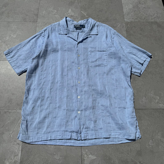 90s-00s Ralph Lauren Caldwell Linen x Cotton Light Blue Checkered Open Collar Shirt KiiChain Clothing