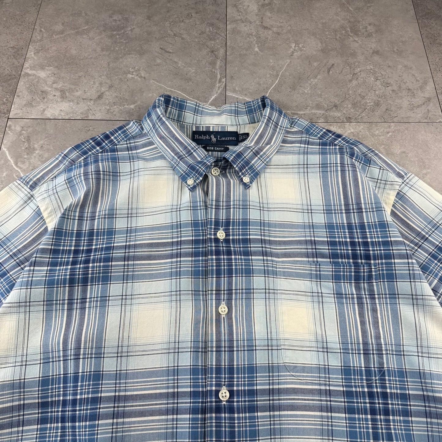 00s Ralph Lauren Bob Camp Blue Checkered Button Down Short Sleeve Shirt XL