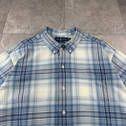 00s Ralph Lauren Bob Camp Blue Checkered Button Down Short Sleeve Shirt XL