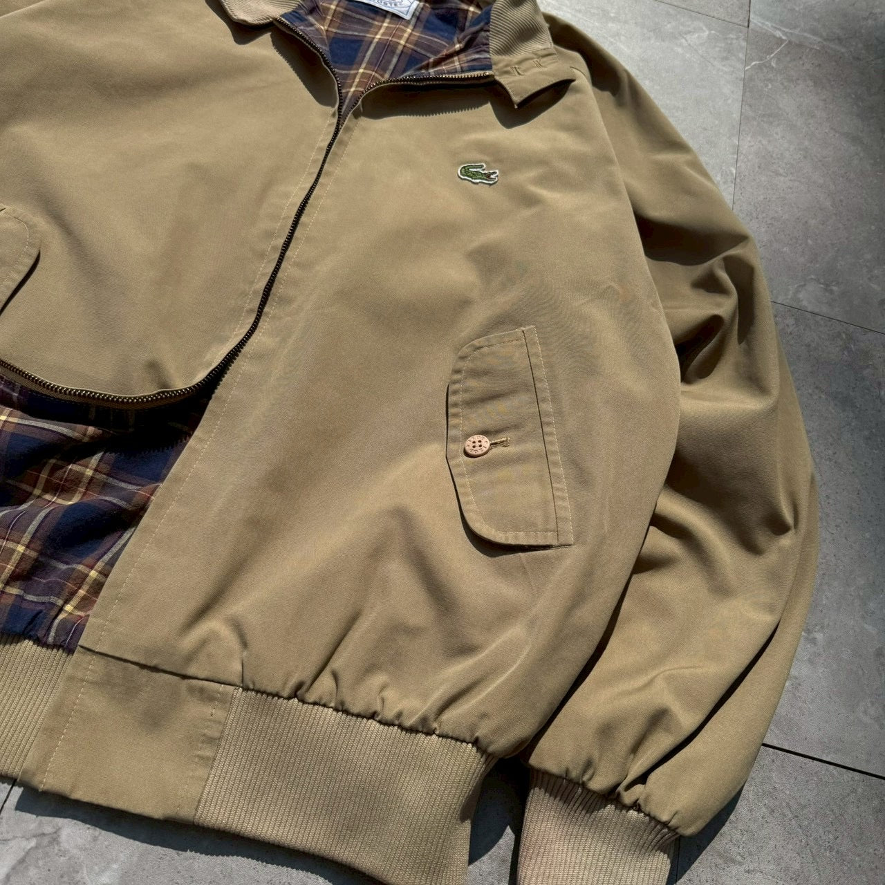 70s-80s Izod x Lacoste Beige Tan Flannel Lined Harrington Jacket