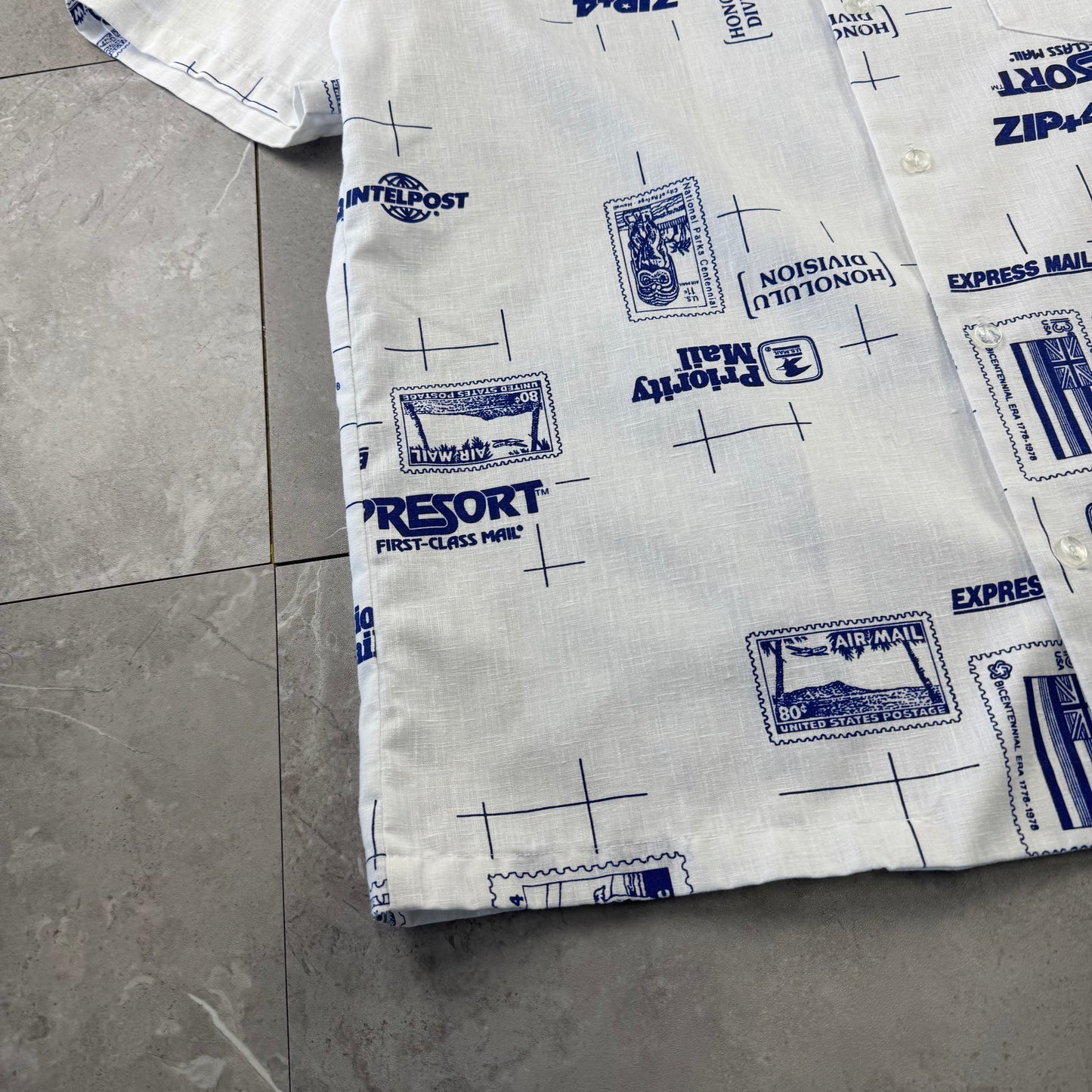90s High Noon Made in USA White Shipping Stamp Open Collar Shirt