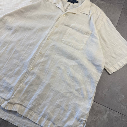 00s Polo by Ralph Lauren Caldwell No-Pony White Checkered Linen x Cotton Open Collar Shirt XL