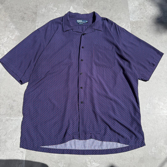 90s-00s Ralph Lauren “Clayton” 100% Rayon Navy/Purple Dot Pattern Open Collar Shirt KiiChain Clothing