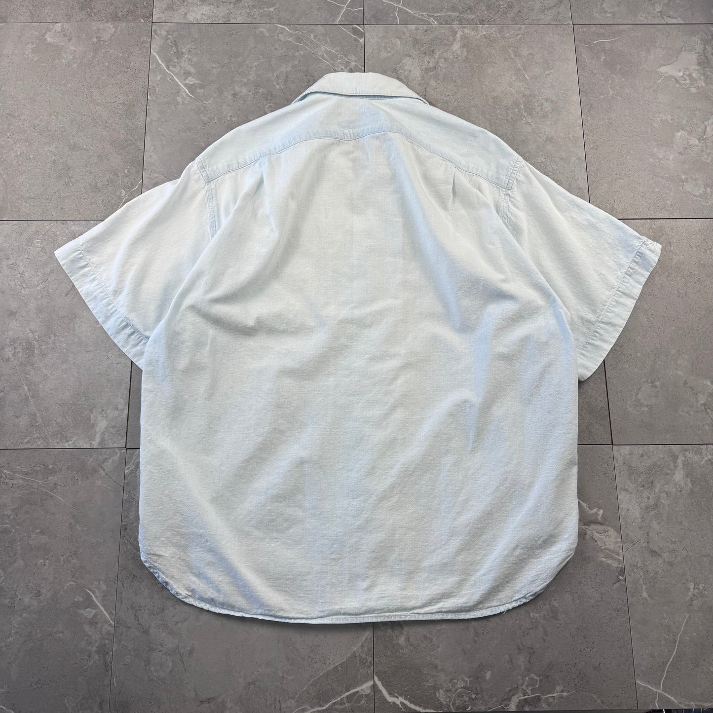 80s Ralph Lauren Faded Light Blue Sleeve Logo Open Collar Shirt Size 4