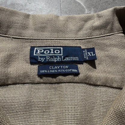90s-00s Ralph Lauren “Clayton” Linen x Cotton No-Pony Beige Open Collar Shirt KiiChain Clothing