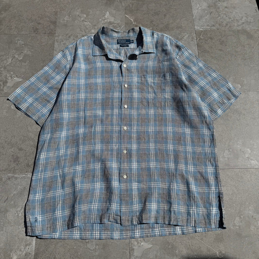 90s-00s Ralph Lauren “Caldwell” 100% Linen Blue Checkered Open Collar Shirt KiiChain Clothing