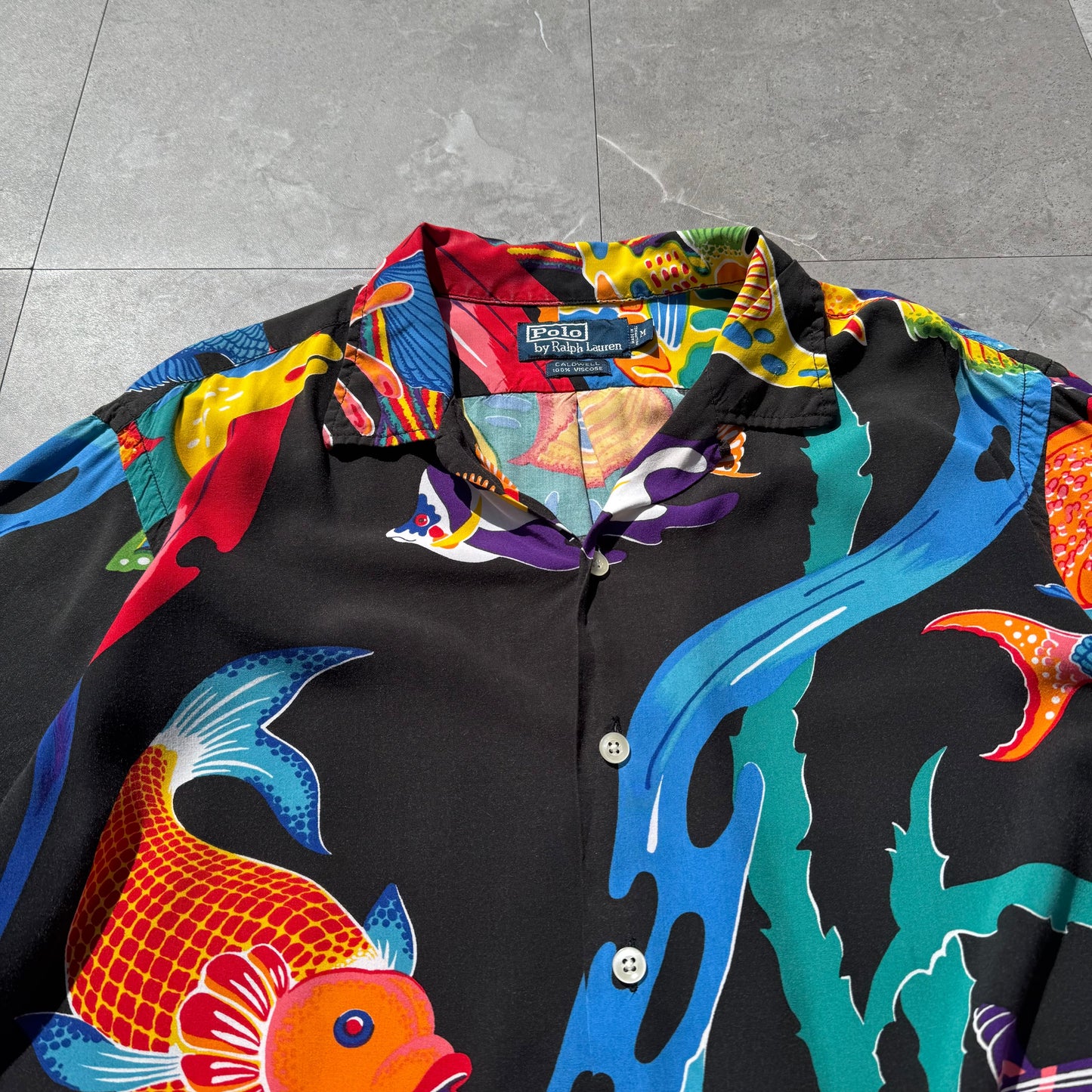90s-00s Ralph Lauren “Caldwell” 100% Viscose Rare Fish Open Collar Shirt KiiChain Clothing