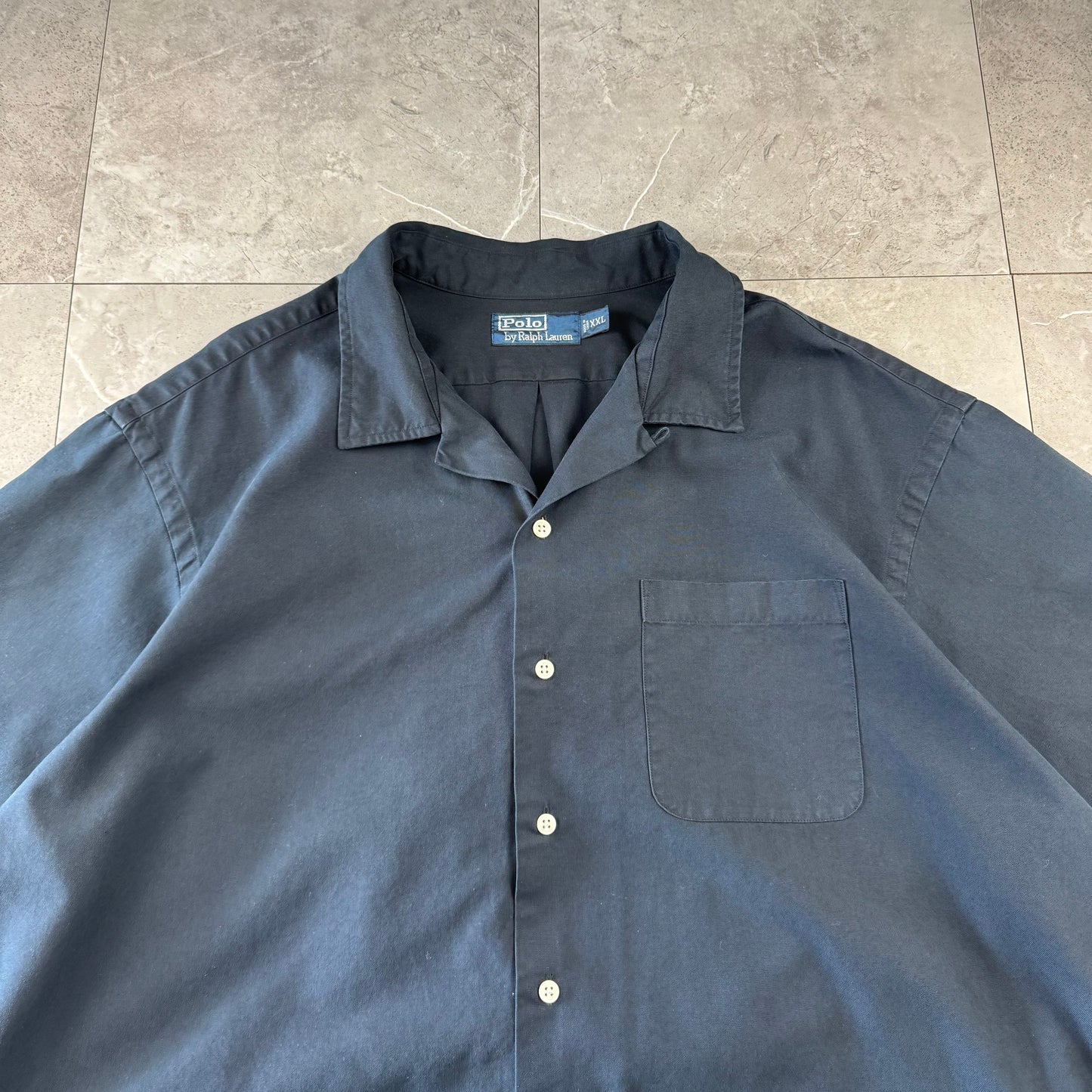 00s Polo by Ralph Lauren Black Sun Faded Silk x Cotton Open Collar Shirt