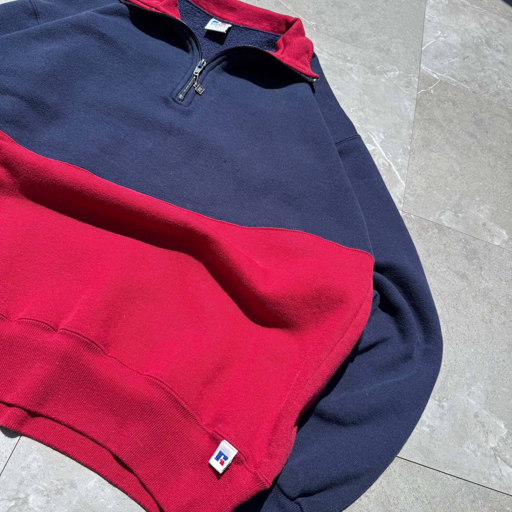90s Russell Athletic Rare Made in USA Half-Zip Two Tone Navy/Red Sweatshirt KiiChain Clothing