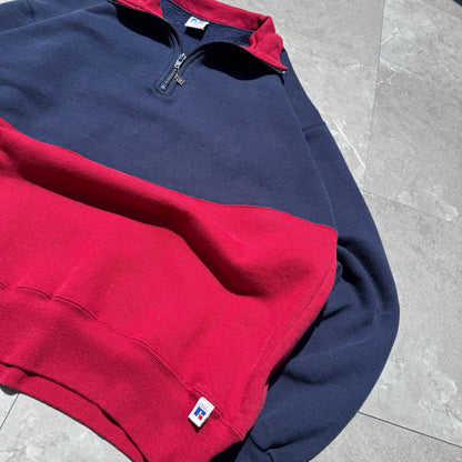 90s Russell Athletic Rare Made in USA Half-Zip Two Tone Navy/Red Sweatshirt KiiChain Clothing