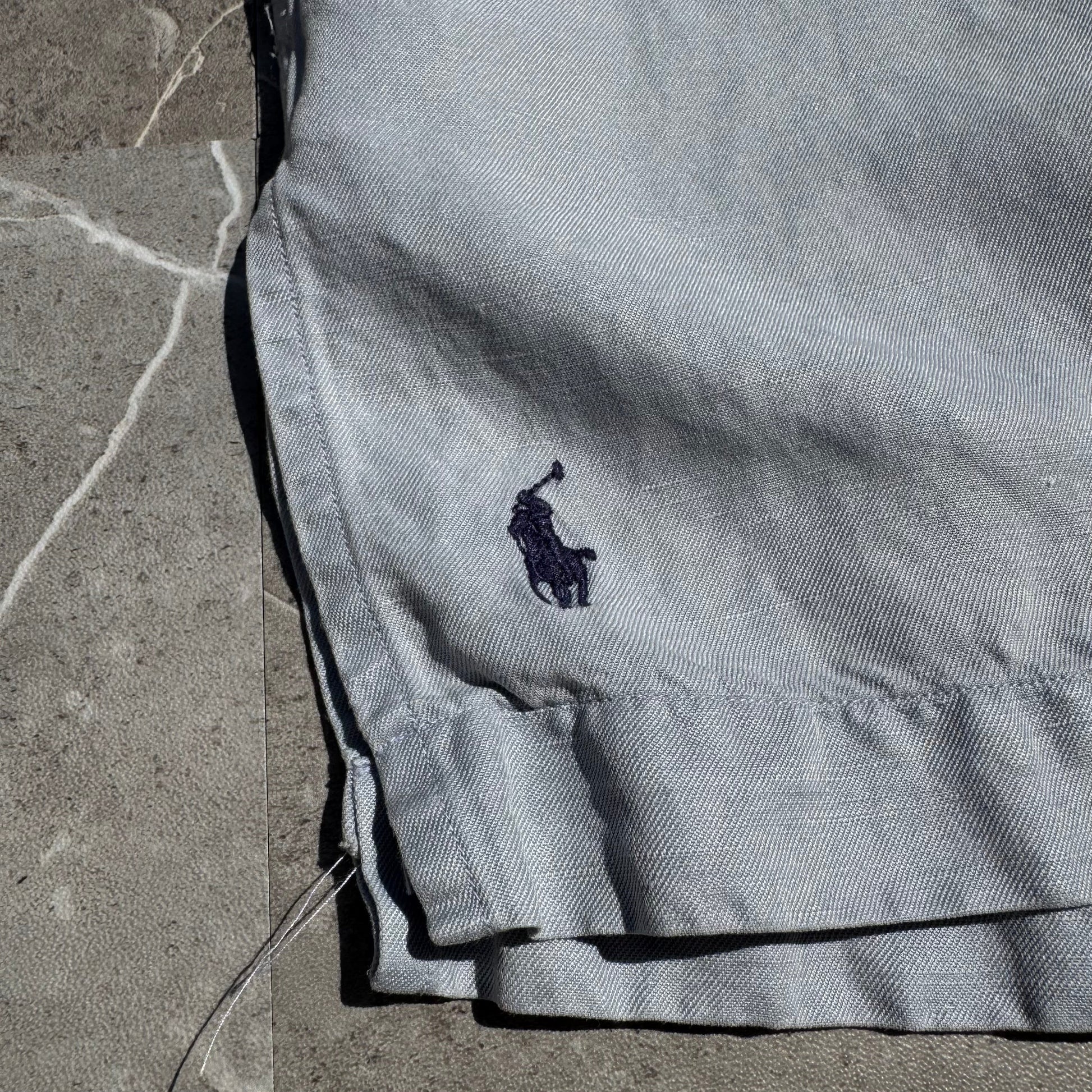 90s-00s Ralph Lauren “Caldwell” Light Blue/Gray Silk x Linen Open Collar Shirt KiiChain Clothing