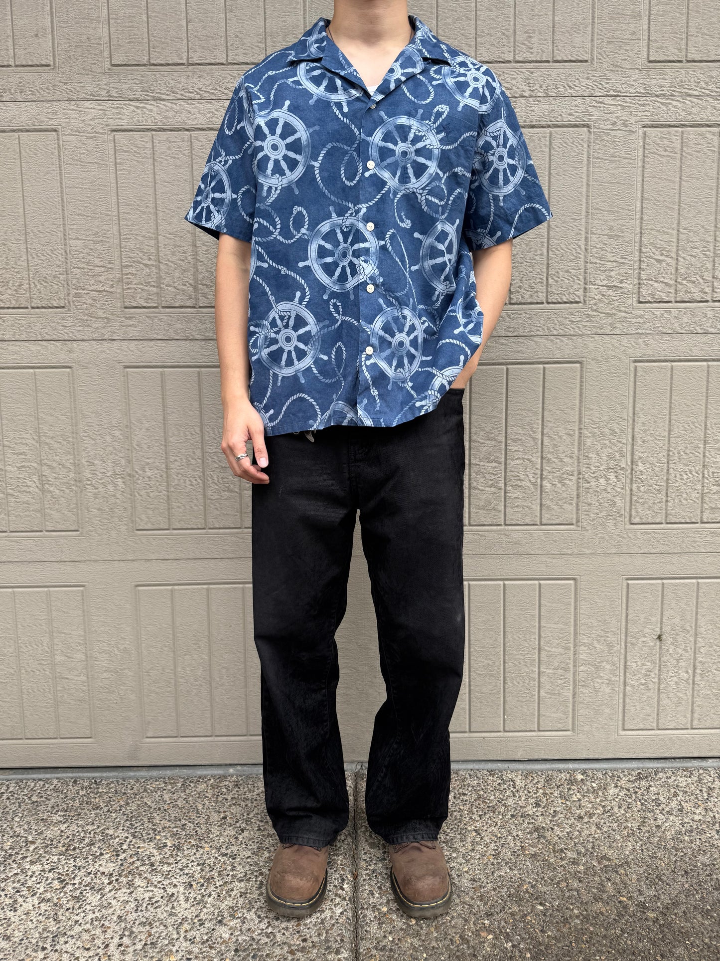 00s~ Polo Ralph Lauren Blue Classic Fit Helm Wheel Open Collar Shirt
