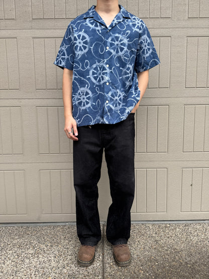 00s~ Polo Ralph Lauren Blue Classic Fit Helm Wheel Open Collar Shirt