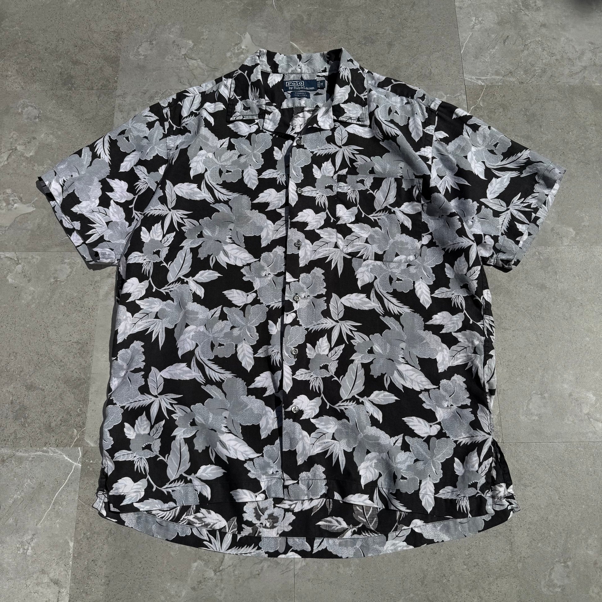 90s-00s Ralph Lauren “Forrest” 100% Linen Black Floral Open Collar Shirt KiiChain Clothing