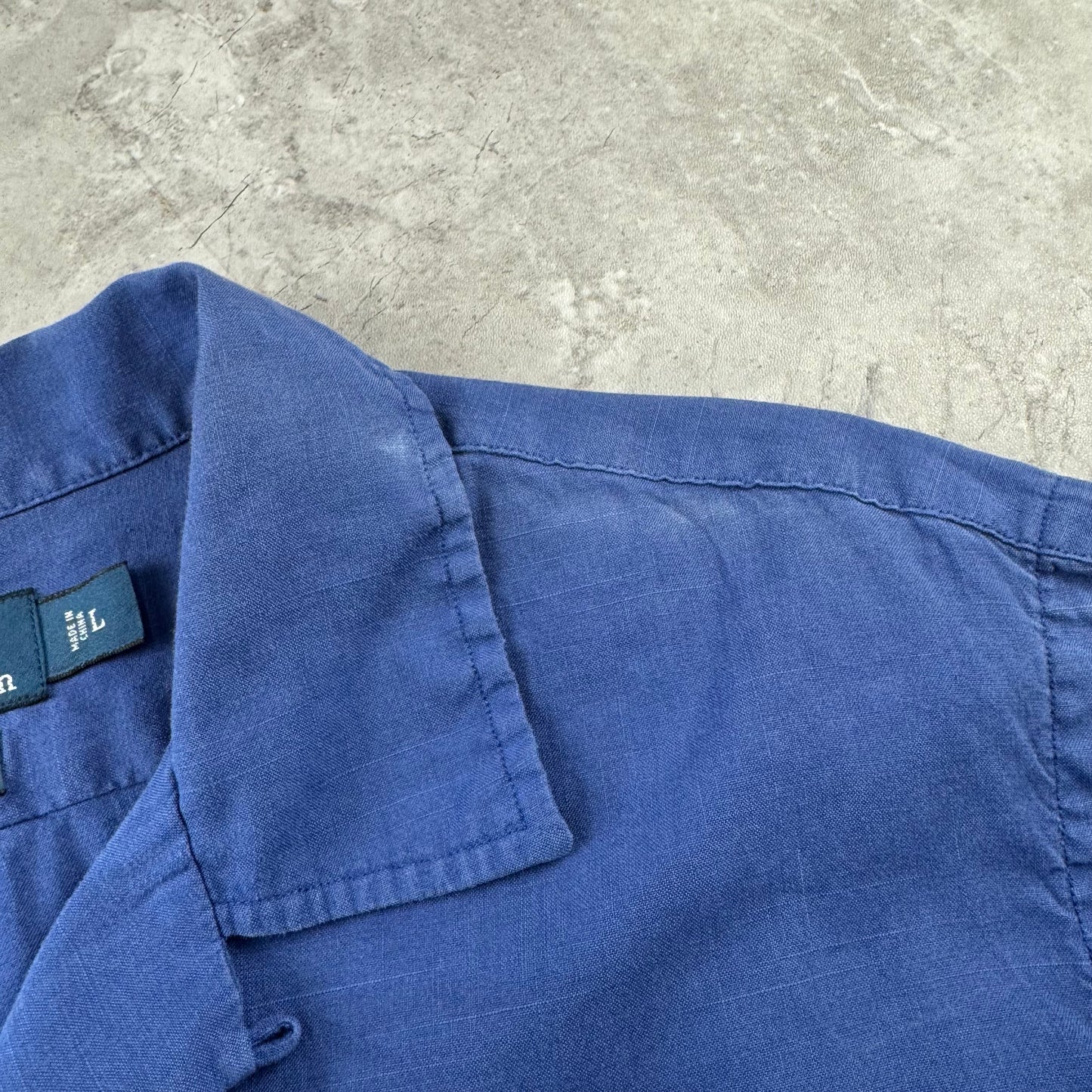 00s Polo by Ralph Lauren Curham Blue Linen x Cotton Open Collar Shirt L