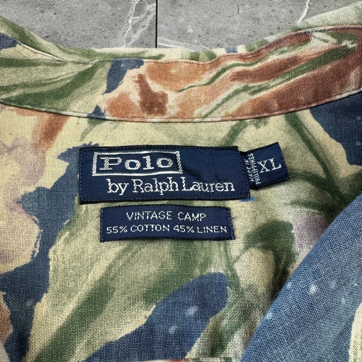 00s Polo by Ralph Lauren Vintage Camp Blue Flower Pattern Cotton x Linen Open Collar Shirt XL