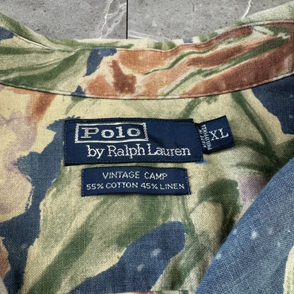 00s Polo by Ralph Lauren Vintage Camp Blue Flower Pattern Cotton x Linen Open Collar Shirt XL
