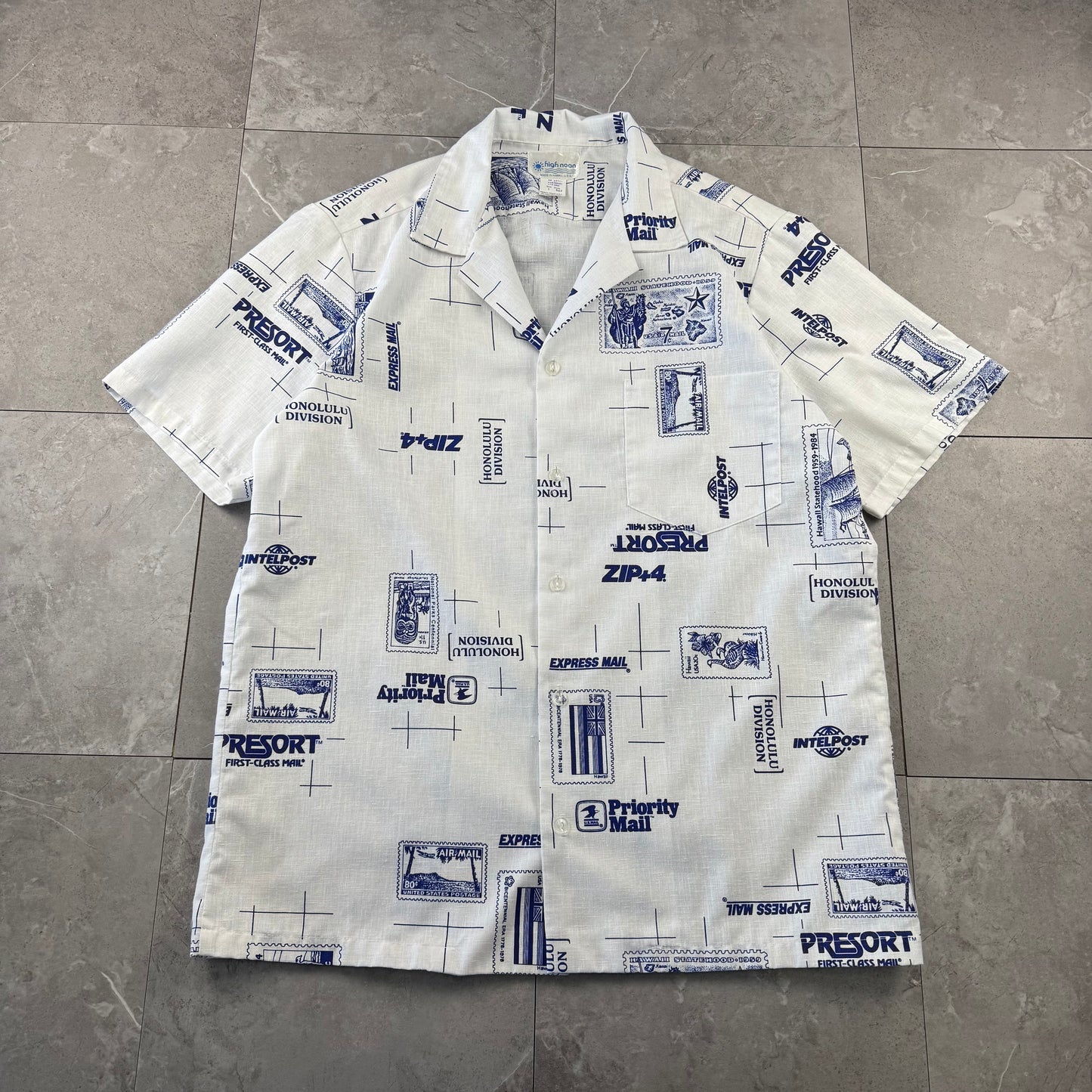 90s High Noon Made in USA White Shipping Stamp Open Collar Shirt