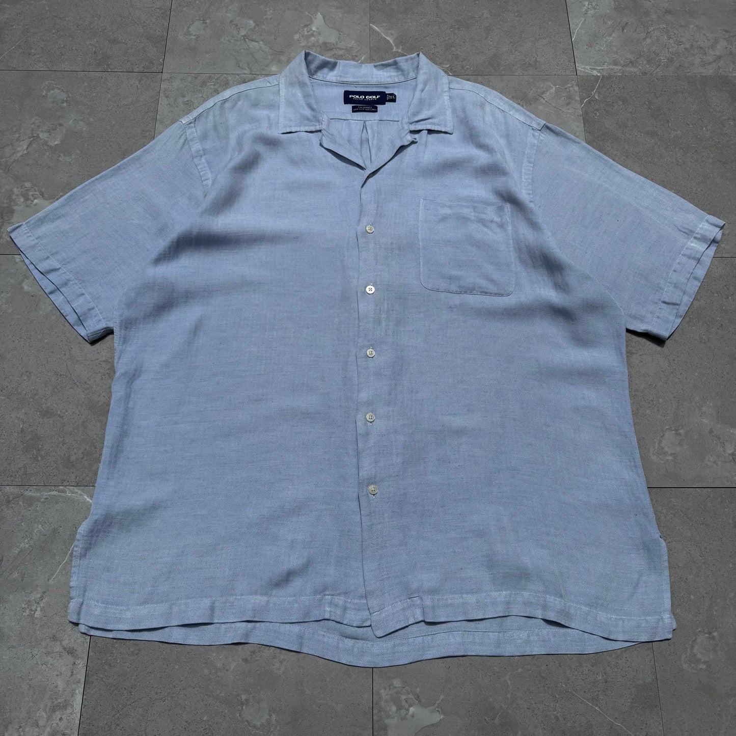 90s-00s Ralph Lauren Polo Golf Caldwell Blue Herringbone Silk x Linen Open Collar Shirt KiiChain Clothing