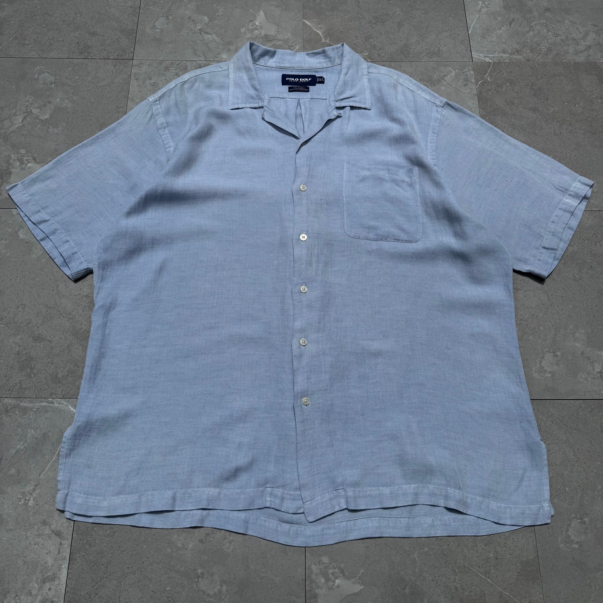 90s-00s Ralph Lauren Polo Golf Caldwell Blue Herringbone Silk x Linen Open Collar Shirt KiiChain Clothing